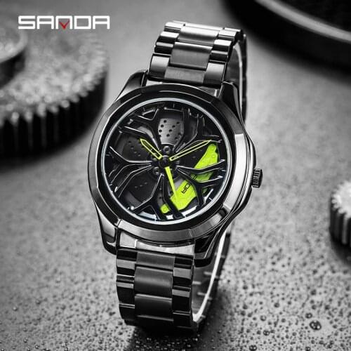 SANDA 2021 Sports Car Wheel Hub Watch Mens Custom Design Sports Car Wheel Mens Stainless Steel Waterproof Creative Watch P1060