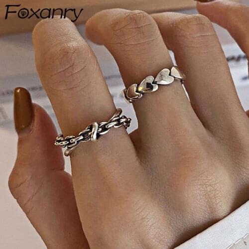 Foxanry 925 Sterling Silver LOVE Heart Rings for Women New Trends Creative Chain Cross Geometric Thai Silver Party Jewelry Gifts