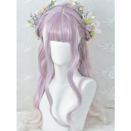 GAKA Long Curly Synthetic Hair Lolita Style Pink Purple Gradient Cosplay Wig with Bangs for Women