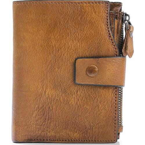 Retro fashion high quality natural real leather mens and womens short small wallets first layer cowhide multi-card coin purse