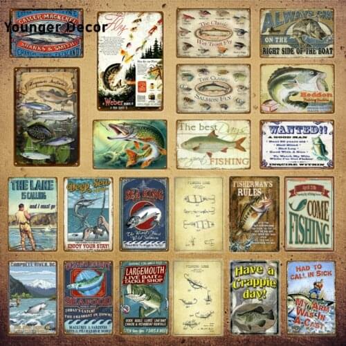 Come Fishing Metal Signs Fisherman Rules Fish Poster Classic Salmon Fly Vintage Plaque Wall Sticker Pub Bar Outdoor Decor YI-180