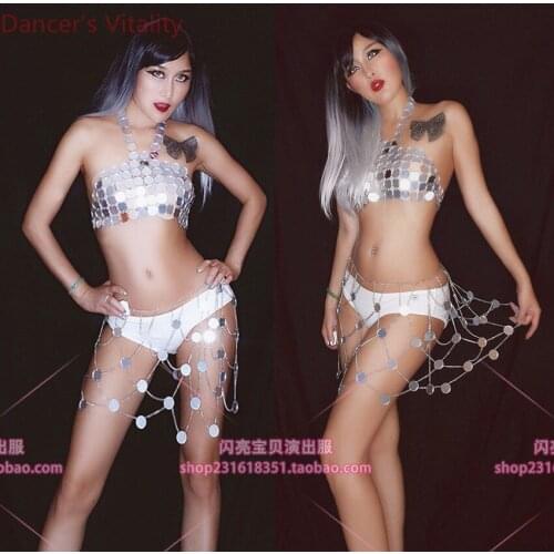 Nightclub Bar Costumes Silver Gold Mesh Cut out DS Sequin Skirt and Top Waist Chain Carnival Party Pole Jazz Dancing Clothes Wea