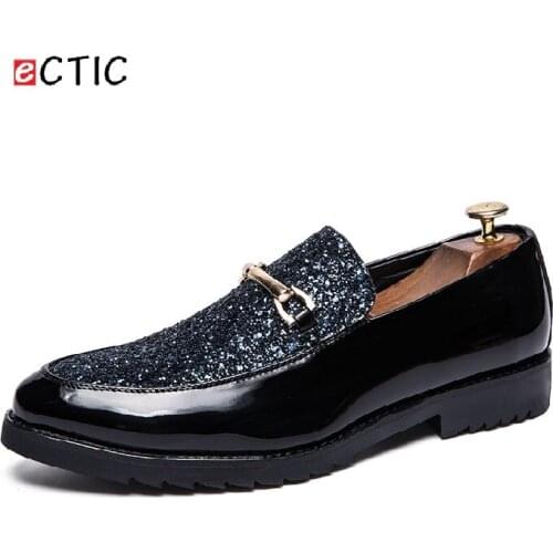 ECTIC 2019 New Elegant Rhinestones Glitter Men Loafers Smoking Slipper Casual Shoes Wedding Dress Mens Slip On Flats