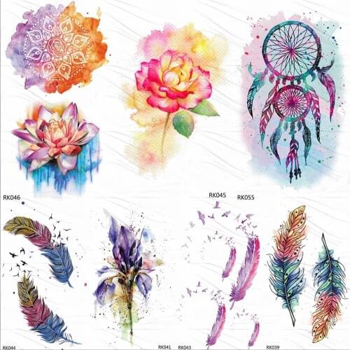 OMMGO Watercolor Lotus Manadala Temporary Tattoos Paper For Women DIY Dreamcatcher Tatoo Body Art Waterproof Fake Tattoo Sticker