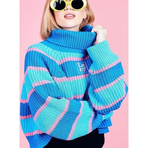 Autumn/winter womens sweater knit LAZY letters embroidered with coloured stripes high collar lazy loose sweater women