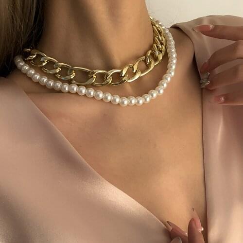Punk Layered Imitation Pearl Chain Choker Necklace For Women Gold Color Chunky Thick Curb Chain Necklaces Collar Trendy Jewelry