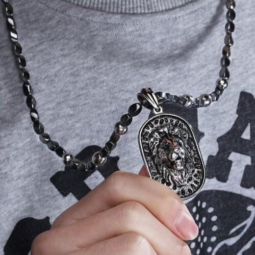 Father / Family Gifts 28 inches stainless steel Black magnet Stone necklace Large Dog Tag Lion Pendant heavy