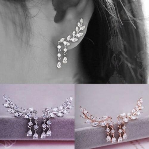Womens Luxury Shiny Female Crystal Butterfly Wings Leaf Tassel Earrings Bride Elegant Earrings Wedding Jewelry Accessories