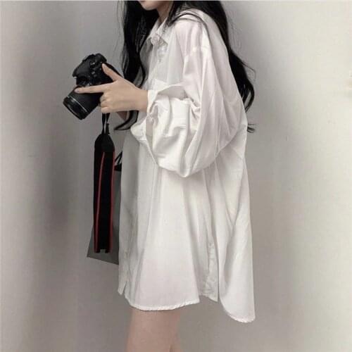 Oversized Loose Women Shirts 2021 Summer New Solid White Blue Sexy Boyfriend Style Female Blouses Fashion Tops