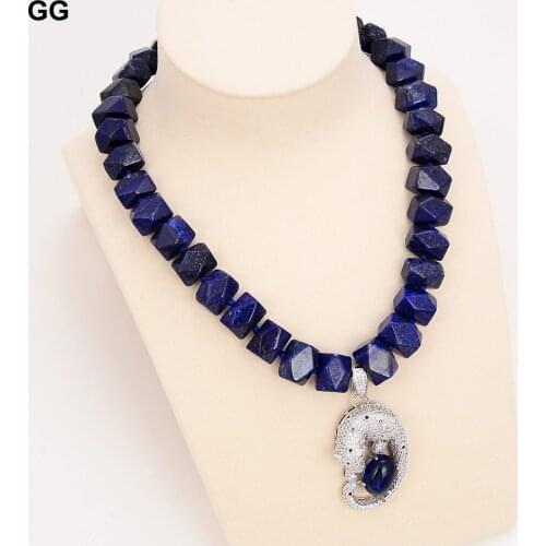 GuaiGuai Jewelry Natural Nugget Faceted Blue Lapis Lazuli Necklace CZ Pave Blue Crystal Pendant For Women