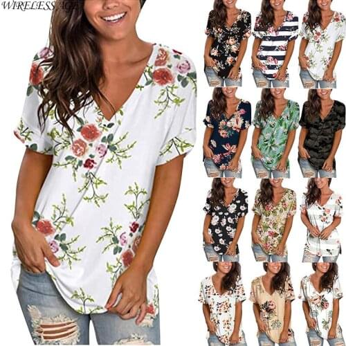 WIRELESS AGE T Shirt Women Short Sleeve V Neck Camouflage Floral Printed Loose Casual Womens Tops 2021 New Summer Fashion Wild
