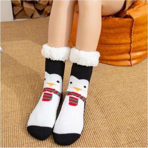 Women Christmas Fuzzy Plush Lined Slipper Socks Cartoon Santa Snowman Reindeer Home Floor Non Skid Thermal Hosiery with Grippers