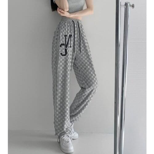 WOMENGAGA Hot Chessboard Wide Leg Pants Women High Waist Slim Drawstring Legging Loose Casual Split Sports Plaid Trousers ANXQ
