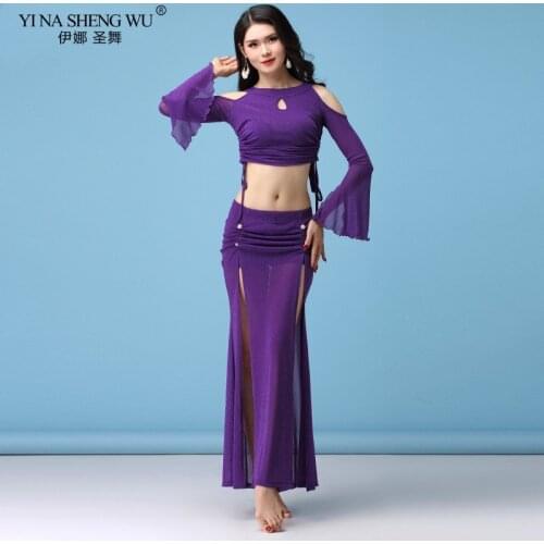Belly Dance Costumes 2pcs Set Dance Practice Clothes Suit Belly Dance Top Long Split Skirt Girls Sexy Dance Costumes For Women