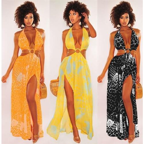 Long Dress 2021 Summer Halter V Neck Sexy Sleeveless Backless Open Back Slit Cut Out Floral Maxi Floor Women Clothing Dress