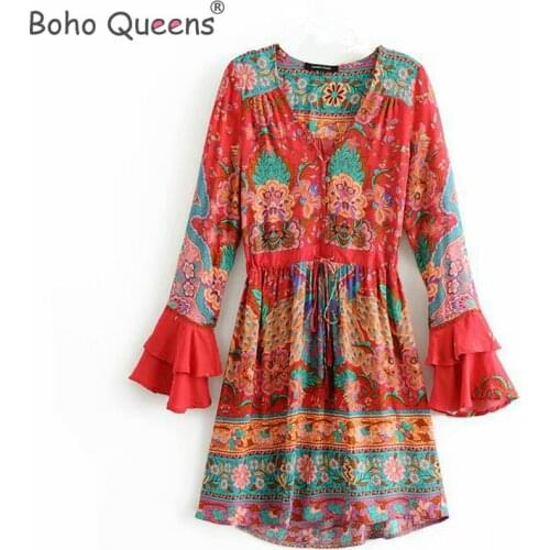 Boho Queens Women floral print flare sleeve beach Bohemian happie dresses Ladies V neck Summer rayon dress vestidos
