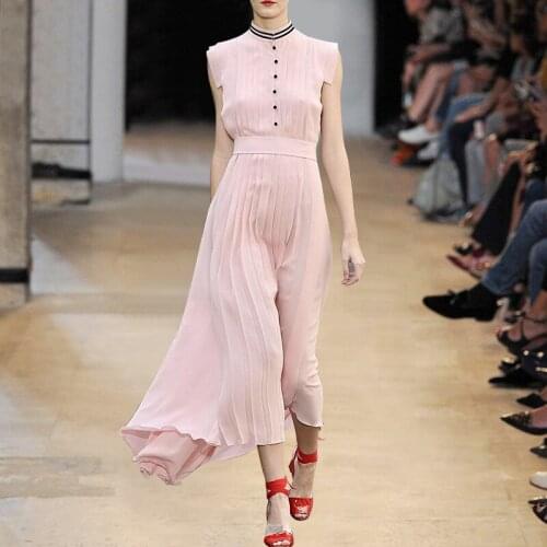 Pink Chiffon Dress 2019 Summer Star With The Same Sweet High Quality Pleated Sleeveless Single-Breasted Party Vestidos Dress