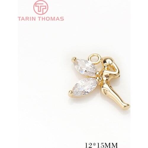 4PCS 12x15MM Hole 1MM 24K Gold Color Plated Brass with Zircon Angel Charms Pendants High Quality Diy Jewelry Accessories