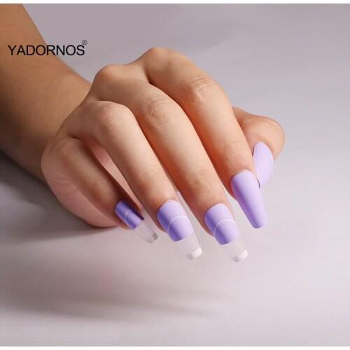 24pcs Fake Finger Purple Nail Patch Glue Type Removable Long Paragraph Fashion Manicure Save Time False Nail Patch Ty