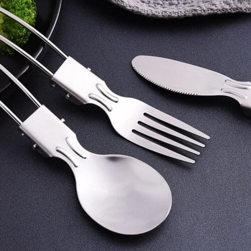 Stainless Steel 3pcs Set Dinnerware Portable Spoon Fork Steak Knife Set Foldable Travel Outdoor Picnic Tableware Kit with Bag
