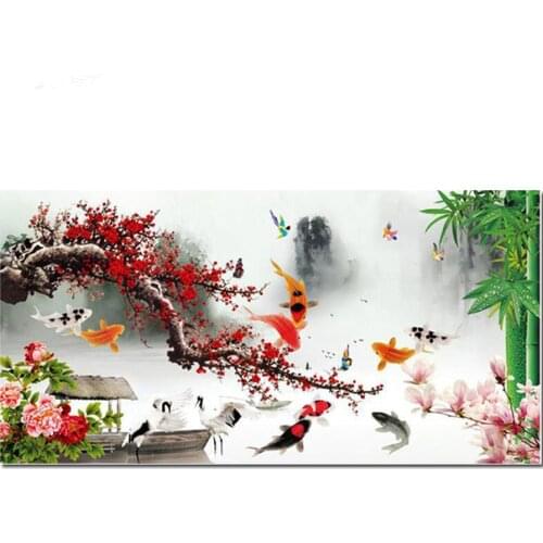 5D Diy diamond painting Koi fish flower square round drill mosaic diamond embroidery Full Display Chinese calligraphy painting