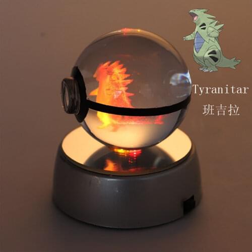 Anime Pokemon Toys Pokeball Engraving Round Crystal Ball Tyranitar Fashion Design Ball with LED Light Crystal Base Toys