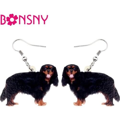 Bonsny Acrylic Black&Tan King Charles Spaniel Dog Earrings Big Drop Dangle Cute Animal Jewelry Gift For Women Girls Pet Lovers