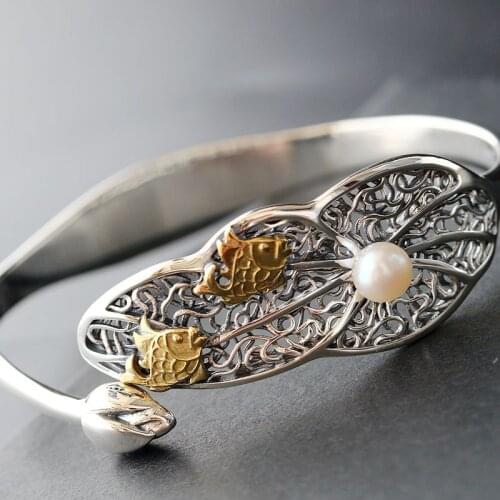 Retro Thai Silver Jewelry Wholesale S925 Sterling Silver Bangle With Natural Pearl Silver Open Ended Women Bangle