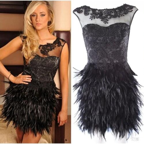 Black Lace Appliques Cocktail Dresses Feather Skirt Short Mini Sleeveless Formal Prom Dress 2019 Custom Vestidos De Soiree
