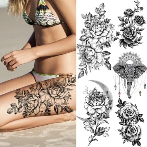 Black Sexy Thigh Rose Peony Flower Temporary Tattoos For Women Girl Thigh Elephant Realistic Peony Fake Tattoo Body Art Tatoo