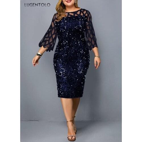 Elegant Dress Women Party O-neck Large Size Lace Dresses Mesh Seven-point Female Hollow Shiny Dress Lugentolo