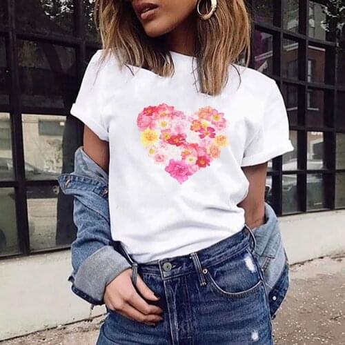 Women T Shirt White Summer Tops Female O Neck Flower Heart Print Female T-Shirts Retro Floral Short Sleeve Top Ladies Base Tee