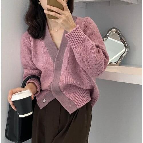 Korean version loose contrast color long sleeve V-Neck Sweater Cardigan female autumn 2021-0903-12