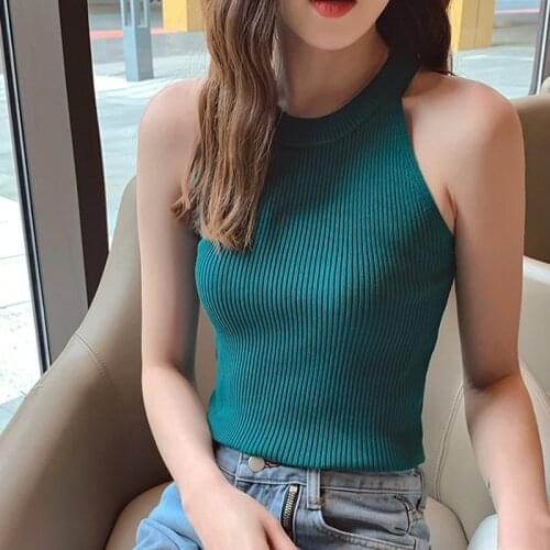 Spring Summer Women Slim Knitting Halter Camisole Tops Female Bodycon Elastic Knitted Tanks Tops Sleeveless Basic Solid T Shirts