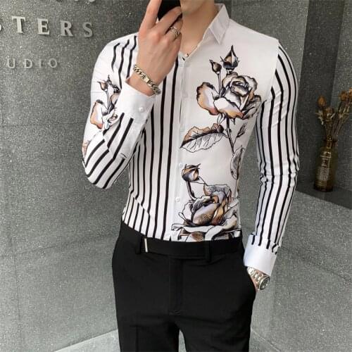 White/Black Shirt Men Korean Fashion Autumn Spliced Men Floral Shirts All Match Striped Long Sleeve Shirts for Men Clothing 3XL