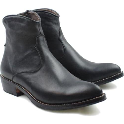 2018 Handmade Boots Men Black Cowhide Genuine Leather Short Boots Men Cowboy Military Motocycle Botas Hombre Zip, EU38-45