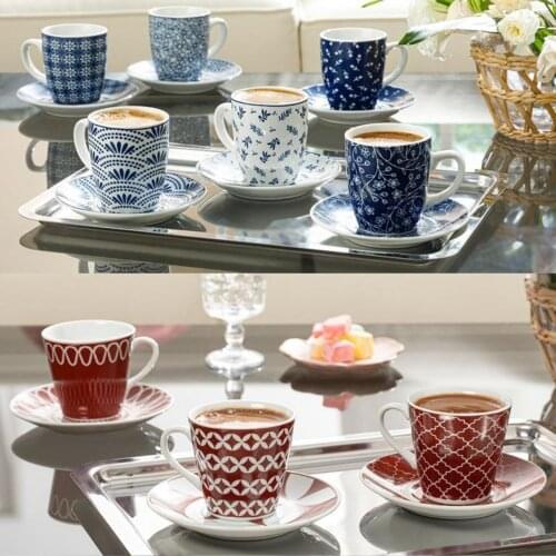 Porcelain Coffee Cup Sets, 6 Person Espresso Turkish Coffee Stylish Cups and Saucers Ceramic Creative Mugs European Luxury