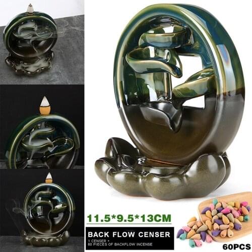 Rounded Waterfall Smoke Backflow Incense Burner Ceramic Holder + 60 Cones Set For Improving Your Sleep Quality
