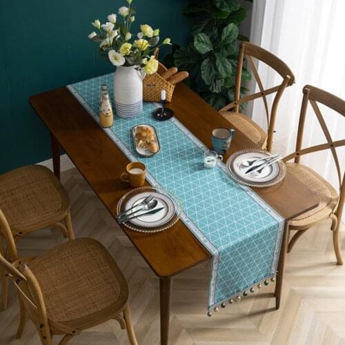Simple Green Lattice Chenille Long Tablecloth TV Cabinet Dining Table Party Wedding Decoration With Tassel Beads Table Runner