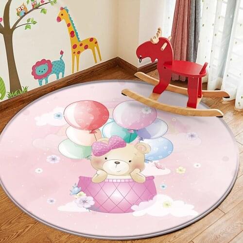 Simple Children Carpet Balloon Pink Cute Bear Pattern Non-Slip Baby Hand Print Round Carpet Baby Play Children Flannel Carpet
