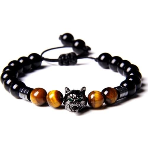 Handmade Black Rope Adjustable Bracelets Men Polished 8 mm Yellow Tiger Eye Stone Beads Bracelet Wolf Charm Bangle Women Jewelry