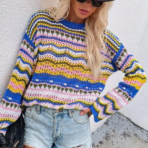 Colorful Striped Women Sweater 2021 Autumn New O-neck Stitching Loose Pullover Sweaters Fashion Long Sleeve Knitted Sweaters