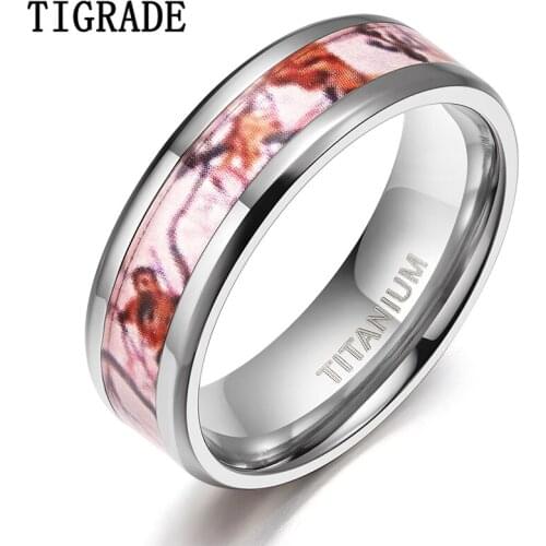 Tigrade 6/8mm Red Forest Titanium Ring for Couple Lover Wedding Band Men Women Anniversary Scenery Inlay Unique Design Size 5-12