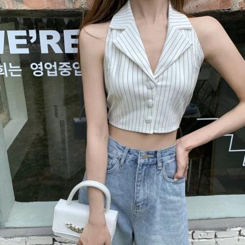 Halter Cropped Tank Tops Simple Stylish Striped Printed Sexy Backless Lapel Buttons Down Slim Summer Wild Casual Vest