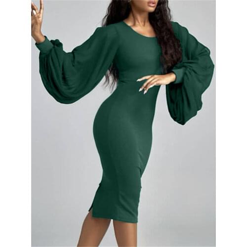 Long Sleeve Vintage Emerald Dress Slim Fit Elegant Ladies Dinner Date Birthday Dress with Chiffon Lantern Sleeves Plus Size XL