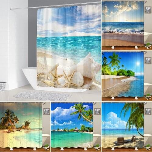 High Quality Beach Shell Starfish Printed Bath Curtains with Hooks Sea Tree Fabric Shower Curtain for Bathroom Decoration