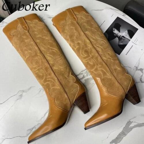 2021 Autumn Winter Classic Women Long Boots Pointed Toe Chunky Heel Knee High Female Brand Designer Long Boots For Women Mujer
