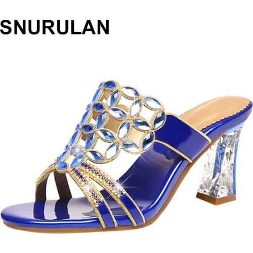 SNURULANWomen High Heels Sandals 2021 Slippers Summer Hollow Out Crystal Pumps Fashion Diamond Shoes Good Leather 7.5CM And 2CM