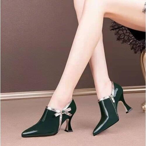 2021 NEW Fashion Spring Shoes Women Pumps High Heels Pointed Toe Bowtie Side Zip Female Footware Black Green