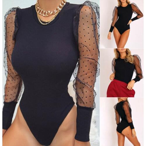 Women Puff Long Sleeve Bodysuit Leotard Bodycon Jumpsuit Romper Top Blouse
